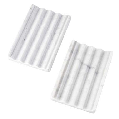 2 Pcs Soap Holder for Bathroom, Marble Soap Dish for Kitchen Countertop, Bathroom Tray with Creative Wavy Design, Soap Saver for Bath Tub, Sponges, Italian Natural Stone(Bianco Carrara) - color: Bianco Carrara