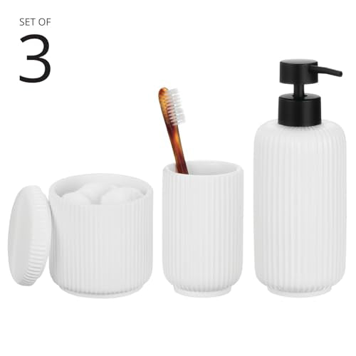 mDesign Fluted Resin 3-Piece Bathroom Vanity Countertop Accessories - Soap Dispenser, Tumbler Rinsing Cup, and Canister Holder Sets - Complete Modern Counter Aesthetic - Set of 3 - White