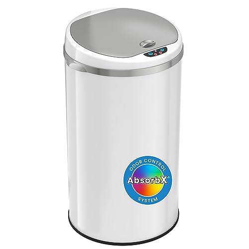 iTouchless 8 Gallon Trash Can with Odor Filter, Round White Stainless Steel Trashcan Garbage Bin for Home Office Work Bedroom Living Room Garage Large Capacity Slim Wastebasket - color: Chalk White, 8 Gal