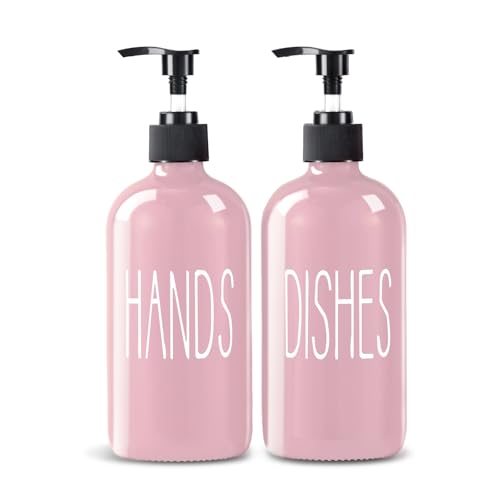 COHOSEGE Glass Soap Dispenser Set 2 Pack,16 Oz Dish Soap Dispenser for Kitchen Sink,Pink Kitchen Accessories and Kitchen Decor,Pink Decorations and Kitchen Utensils for Kitchen - color: Pink