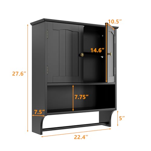 Black Bathroom Cabinet with Towel Rack, Bathroom Wall Cabinet with 2 Doors and Adjustable Shelf, Medicine Cabinet Wall Mount, Over The Toilet Storage - color: Black Bathroom Cabinet With Towel Rack