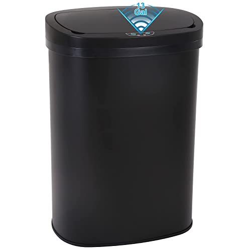 Kitchen Trash Can | Stainless Steel 13 Gallon Trash Can | 50L Touch Free Garbage Can with Lid | Electronic Motion Sensor Automatic Trash Bin High Capacity for Kitchen Bathroom Office, Black - color: Black