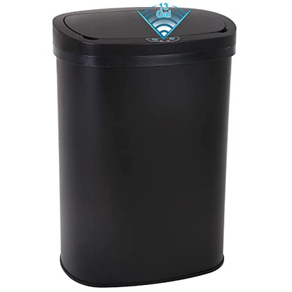Kitchen Trash Can | Stainless Steel 13 Gallon Trash Can | 50L Touch Free Garbage Can with Lid | Electronic Motion Sensor Automatic Trash Bin High Capacity for Kitchen Bathroom Office, Black - color: Black