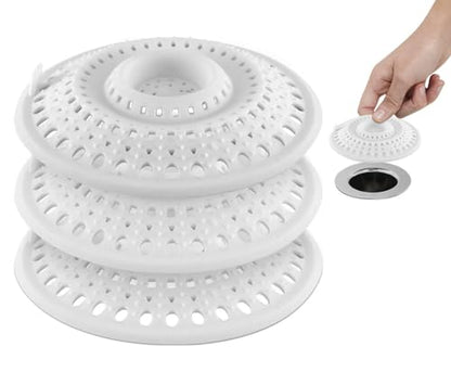 Meadow Lane Silicone Drain Hair Catcher, Fits Most Drains, White, 3-Pack | Flat silicone cover adjusts to 3 drain setups; 4.75-inch design catches hair on top and lifts off for quick cleaning. - size: 3 Pack