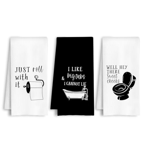 Black and White Bathroom Hand Towels, Sweet Cheeks Bathroom Decor, Just Roll with It Funny Bathtub Decorative Hand Towel for Bath Room Washroom Restroom Toilet, 16x24 Inch Set of 3 - color: Black White Bathroom