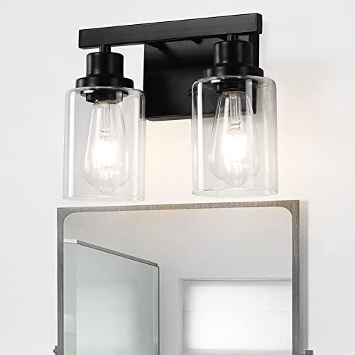 Bathroom Vanity Light, 2-Light Modern Matte Wall Sconce Lighting with Clear Glass Shade, Wall Lights,Bath Vintage Wall Mounted Lamps for Mirror Bedroom Living Room - color: Black, size: 2-light