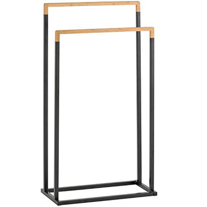 MyGift 33 Inch Free Standing Towel Rack for Bathroom, Freestanding Bath Towel Holder with 2 Tier Bamboo Wood Bar and Black Chrome Plated Metal, Drying Rack Stand Laundry - size: 2 Tiers