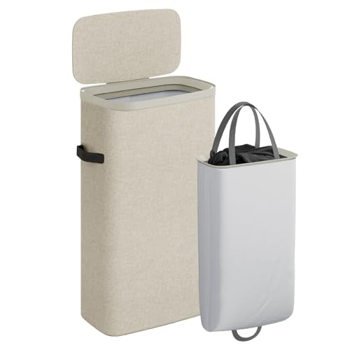 CASAMAYA Laundry Basket with Lid, Slim Laundry Hamper, 65L collapsible Laundry Organizer, Easy Assembly, with Handles and Removable Liners, 15.4 x 8.7 x 29.5 Inches, Beige JSP901M - color: Beige, size: 65L(1-Section)