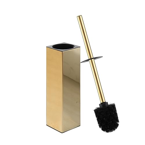 BGL Square Toilet Brush with Holder,Stainless Steel Rubber Painted Toilet Bowl Brush and Holder for Bathroom,2 Cleaner Brush Heads,Gold - color: Gold