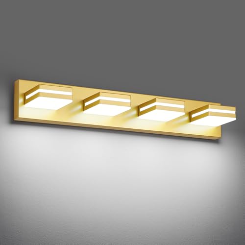 Modern LED Gold Acrylic Bathroom Lights Fixtures 4-Light | Wall Lighting,Vanity Lights for Bathroom Over Mirror 6000K 350°Rotate（No Assembly Required） - color: Gold, size: 27.17 in