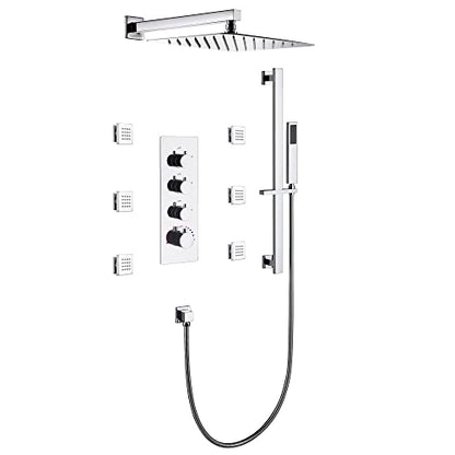 Cascada Luxury 12” Rainfall Shower set (Wall Mounted) with 4 knob thermostatic Valves & 3 functions (Rainfall, Body jets & Hand Shower) (Polished Stainless Steel) - color: Polished Stainless Steel