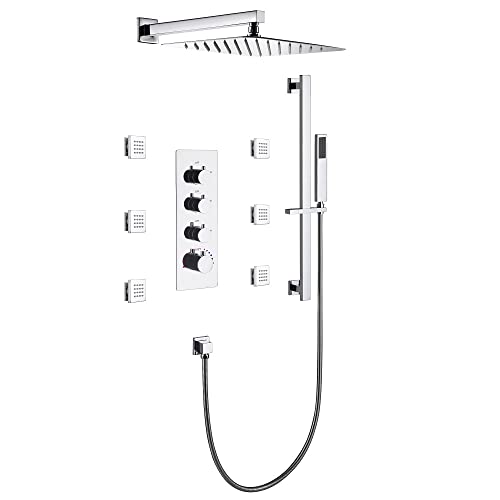 Cascada Luxury 12” Rainfall Shower set (Wall Mounted) with 4 knob thermostatic Valves & 3 functions (Rainfall, Body jets & Hand Shower) (Rose Gold) - color: Rose Gold