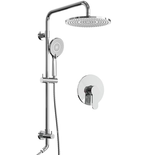 10 Inch High Pressure Rainfall Shower System with Slide Bar, Wall Mount Bathroom Round Shower Faucet Set with Valve, Polished Chrome - color: Polished Chrome