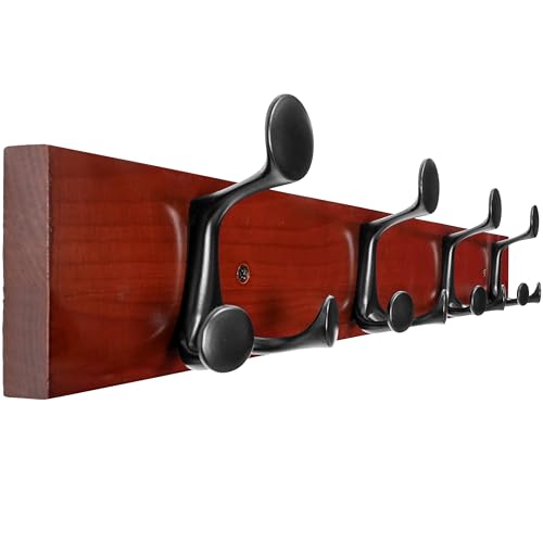 WEBI Coat Rack Wall Mount,24" Solid Wood Coat Hooks Wall Mounted Coat Hanger,16" Hole to Hole,Heavy Duty Hook Rack Rail,4 Triple Hooks for Hanging Coats,Jacket,Clothes,Hat,Backpack,Cherry - color: Cherry, size: 24 Inch