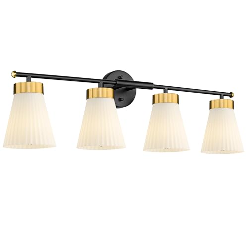 4-Light Bathroom Light Fixture, HWH 32 Inch Vanity Lights Over Mirror, Modern Sconce Wall Lighting with Frosted Milk White Striped Glass, Black and Gold Finish, 5HZG97B-4W BK+BG - color: Black and Gold, size: 4-Light