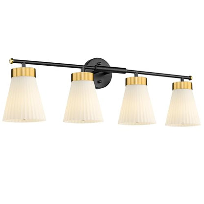4-Light Bathroom Light Fixture, HWH 32 Inch Vanity Lights Over Mirror, Modern Sconce Wall Lighting with Frosted Milk White Striped Glass, Black and Gold Finish, 5HZG97B-4W BK+BG - color: Black and Gold, size: 4-Light