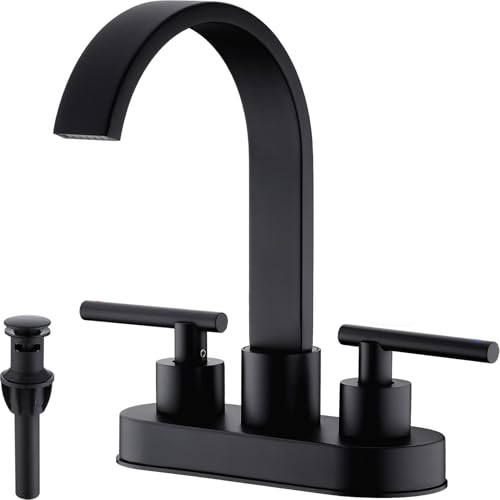 TRUSTMI 4" Centerset Bathroom Faucet 3 Hole, High Flow Waterfall Spout, Matte Black | Commercial Grade Stainless Steel | 360° Swivel, with Pop-Up Drain & cUPC Lines - color: Matte Black