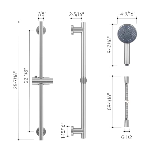 KES Adjustable Shower Head with Slide Bar, 5-Function Handheld Sliding Shower Head with Extra Long Hose Wall Mount Brushed Finish, F204-BS-C1 - color: Brushed Grey