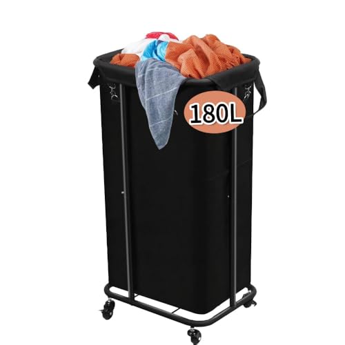 Longzhuo 180L Laundry Hamper with Wheels, Rolling Laundry Basket with Removable Bag and Metal Frame,Large Tall Laundry Hampe for Bedroom,Laundry Room,Hotel Laundry Organization(Black)