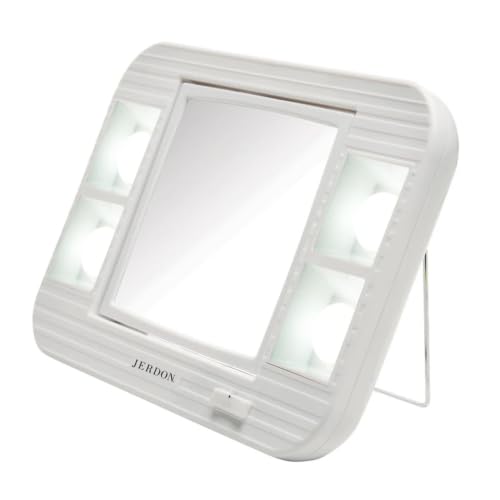 JERDON Lighted Makeup Mirror with 5X Magnification - White - J1015 | Two-Sided 6" x 6" Square Frame, Glare-Free Lighting
