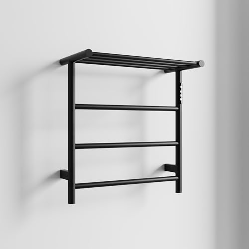 Towel Warmers for Bathroom, Stainless Steel Heated Towel Racks with Top Shelf, Wall Mounted Towel Heater with Intelligent Touch Screen Timer & Temperature Adjustment, Plug-in/Hard-Wired, Black - color: Black, size: 3-Bar with Top Shelf