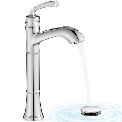 Tall Vessel Sink Faucet, Brass Bathroom Vessel Faucet, One Hole, Single Handle with Pop-Up Drain & Supply Water Hoses, No Leaks, Chrome - color: Chrome