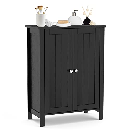 COSTWAY Bathroom Floor Cabinet - Freestanding Side Storage Organizer with Double Doors & Adjustable Shelf, Wooden Storage Cabinet for Living Room, Bedroom, Kitchen, Entryway (Black) | with Double Doors & Adjustable Shelf, Wooden Storage Cabinet for Living