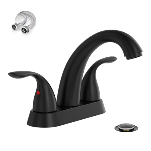 4 Inch 2 or 3 Holes 2 Handles Centerset Matte Black Lead-Free Bathroom Sink Faucet, Bathroom Faucet with Copper Pop Up Drain and Water Supply Lines, BF008-5-MB - color: Matte Black, style: 1 Pack