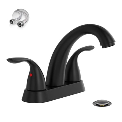 4 Inch 2 or 3 Holes 2 Handles Centerset Matte Black Lead-Free Bathroom Sink Faucet, Bathroom Faucet with Copper Pop Up Drain and Water Supply Lines, BF008-5-MB - color: Matte Black, style: 1 Pack