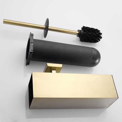 Gold Toilet Brush Set Stainless Steel Square Bathroom Cleaning Brush | AIREMOEN Square Bathroom Toilet Bowl Brush Holder, Round Cleaning Brush Head, Splash Guard - color: Brushed Gold