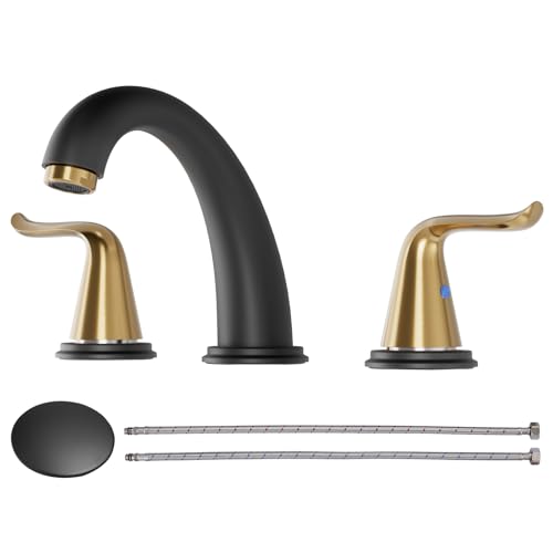WOWOW Black and Gold Widespread Bathroom Faucet Bathroom Sink Faucet 3 Hole Vanity 2 Handle Basin 8 Inch Mixer Tap with Pop Up Drain and Supply Hose - color: Black and Gold
