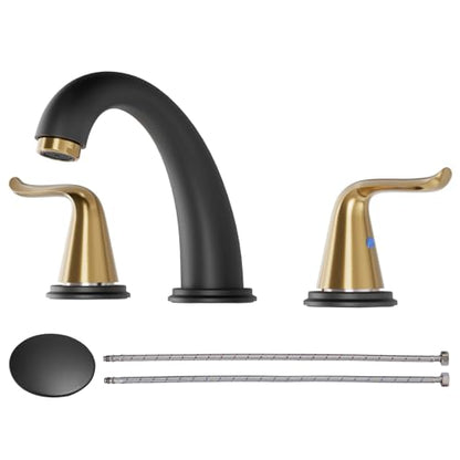 WOWOW Black and Gold Widespread Bathroom Faucet Bathroom Sink Faucet 3 Hole Vanity 2 Handle Basin 8 Inch Mixer Tap with Pop Up Drain and Supply Hose - color: Black and Gold