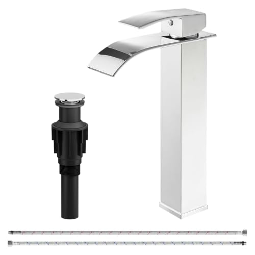 Chrome Bathroom Faucet Waterfall Vessel Sink Faucet Modern Stainless Steel | Single Handle One Hole Deck Mount,Bowl Vanity Sink Faucet,with Pop-up Drain Assembly and Supply Line,Lead-Free by Bathfinesse - color: Chrome