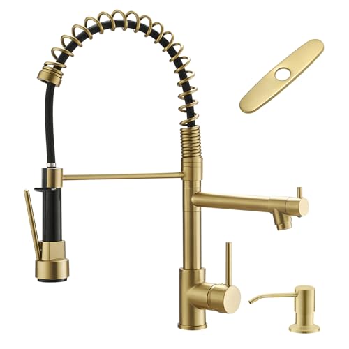 AIMADI Gold Kitchen Faucet with Soap Dispenser,Commercial Single Handle | pull down Kitchen Faucets with Sprayer,Brushed Gold,for 1-hole or 3-hole sinks,Farmhouse RV Laundry - color: Brushed Gold, style: with Soap Dispenser