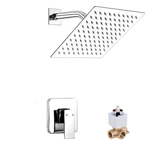 Chrome Shower Faucet GGStudy Single Function Shower Trim Kit with Rough-in Valve Shower Set Bath Rainfall Shower Faucet System 8inch Square Stainless Steel Metal Shower Head - color: Chrome, style: Square
