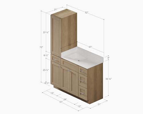 51" Bathroom Vanity with Linen Storage Tower and 4 Drawers, Carrara Quartz Top and Ceramic Sink, Left or Right Tower Option, Solid Wood Frame, 52" x 22" x 72" (Natural Oak, Left Tall Cabinet) - color: Natural Oak