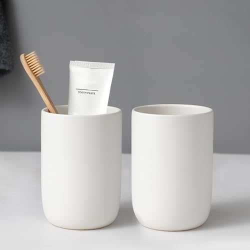Toothbrush Holders for Bathrooms - 2 Cups Ceramic Toothbrush Toothpaste Holders Set, White Bathroom Tumbler Cups Reusable Toothbrush Mouthwash Cup, Bathroom Counter Organizer - color: White, size: 2pcs