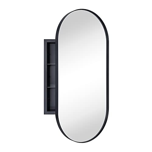 Matte Black Oval Recessed Bathroom Medicine Cabinet with Mirror Stainless Steel Metal Framed Oblong Pill Shaped Bathroom Cabinet with Mirror 16x33'' - color: Matt Black