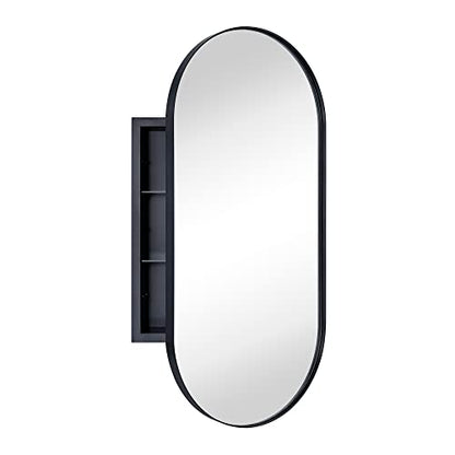 Matte Black Oval Recessed Bathroom Medicine Cabinet with Mirror Stainless Steel Metal Framed Oblong Pill Shaped Bathroom Cabinet with Mirror 16x33'' - color: Matt Black