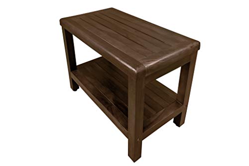 DecoTeak Eleganto 24" Teak Shower Bench with Shelf, Waterproof Seat | Shower bench with adjustable feet and non-slip rubber pads provides stable support on wet or uneven shower floors - size: 24" Length x 14" Width x 18" Height