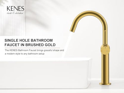 Brushed Gold Tall Bathroom Faucet, Single Handle Vessel Sink Faucet | Vessel Bowl Faucet with Pop Up Drain & Supply Lines, Lead-Free cUPC & NSF Certified, 1 Hole Faucet for Vanity RV Restroom - color: Brushed Gold, size: Tall