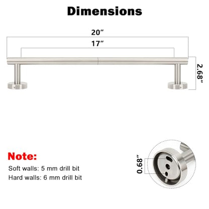 NearMoon Bath Towel Bar, Thicken Stainless Steel Shower Towel Rack Holder Wall Mounted for Bathroom, 20-lnch Overall Length-17-lnch Usable Hanging Space (1 Pack, Brushed Nickel) - color: Brushed Nickel, size: 20 Inch