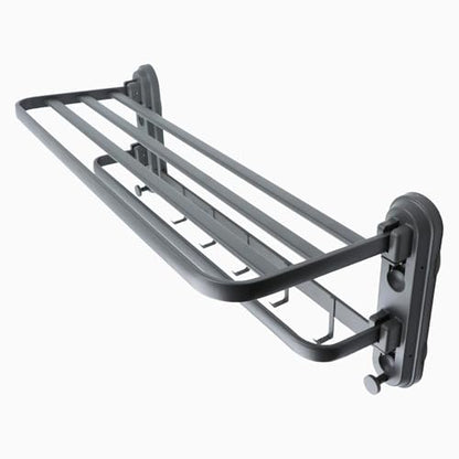 24 Inches Bathroom Shelves Towel Holder Modern Towel Racks for Bathroom Wall Mounted Foldable Towels Shelf Holder with 5 Hooks Double Towels Bar for Bathroom Lavatory Shower Wall (No Drilling)