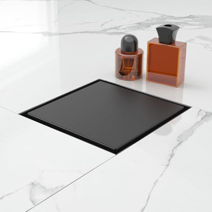 6 Inch Square Shower Drain-Matte Black, with Tile Insert Grate | AISI 304 Stainless Steel Shower Drain, Shower Floor Drain with Hair Catcher, Fits Bathroom, Balcony - color: Matte Black, size: 6 Inch