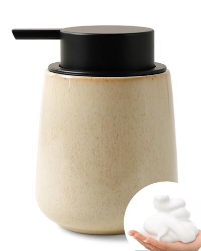 Bosilunlife 12Oz Ceramic Foam Soap Dispenser for Bathroom Kitchen Counter | Premium countertop foam pump creates delicate dense foam, stable desktop placement, Greige with Speckle - color: Greige