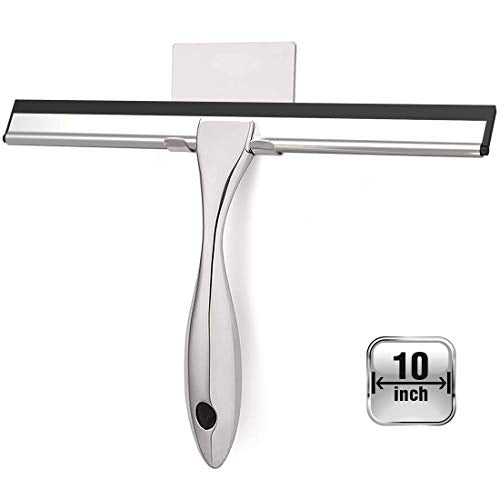 Shower Squeegee with Self Adhesive Hook, 10 Inches Stainless Steel Squeegee Cleaner, All-Purpose Window Scraper for Bathroom Doors, Mirror, Windows and Car Glass (10 Inch, Silver)