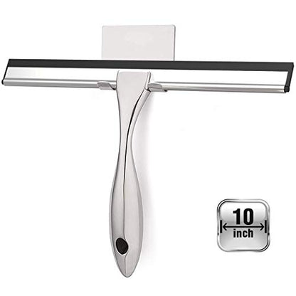 Shower Squeegee with Self Adhesive Hook, 10 Inches Stainless Steel Squeegee Cleaner, All-Purpose Window Scraper for Bathroom Doors, Mirror, Windows and Car Glass (10 Inch, Silver)