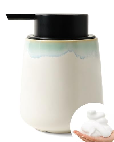 Bosilunlife 12Oz Ceramic Foam Soap Dispenser for Bathroom Kitchen Counter | Premium countertop foam pump creates delicate dense foam, stable desktop placement, Blue-Green Rim - color: Blue-green Rim