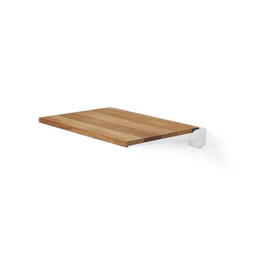 Seachrome 18 inch Silhouette Slimline Folding Wall Mount Shower Bench Seat, Natural Teak Wood with White Frame - color: Teak Wood With White Frame