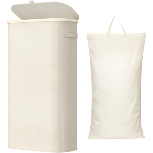 Lifewit Slim Laundry Basket with Lid, Narrow Large Laundry Hamper with Plastic Handles and Removable Bag, Tall Foldable Dirty Clothes Hampers for Laundry Room, Bedroom, Bathroom, Dorm, 75L White - color: White, size: 75L